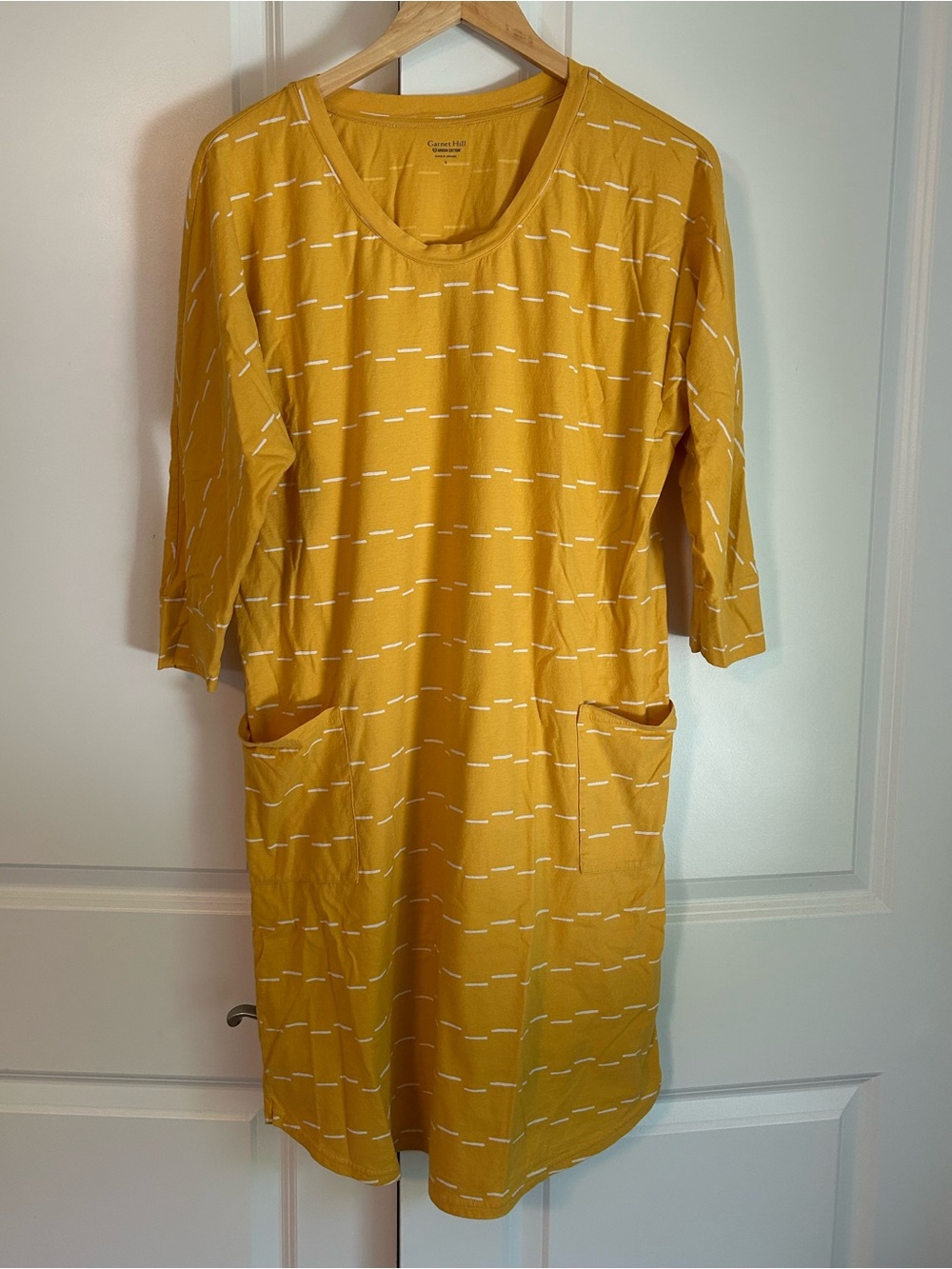 Garnet Hill mustard yellow organic cotton dress white stripe cotton pockets S